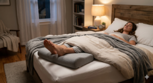 A serene photo of relaxed feet elevated on a pillow in a cozy bed, suggesting effective nighttime foot care.
