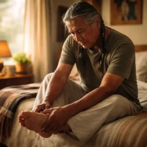 Native American man sitting on the edge of a bed holding his bare foot, showing early signs of diabetic nerve discomfort