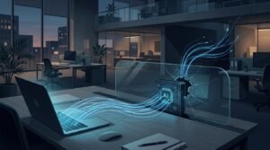 Illustration of a laptop sending glowing data streams toward a translucent AI chip in a dimly lit office, representing unsanctioned AI tool use in companies.