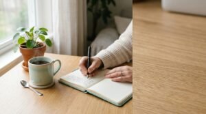 A person in a cream knit sweater writing with a black pen in an open notebook on a wooden table, beside a mint ceramic mug of tea, a silver spoon, and a potted green plant near a window with soft morning light.