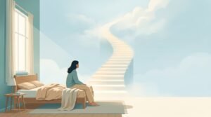 A woman with long dark hair, wearing a light blue sweater, sits on the edge of a wooden bed in a calm bedroom. She looks toward a glowing white staircase that curves upward into the clouds. A window with sheer curtains lets in soft morning light.
